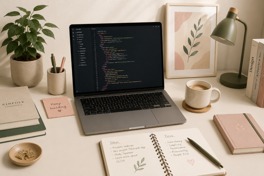 Developer workspace desk setup with laptop displaying code, coffee cup, and open notebook